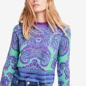 Free People Purple Green New Age Cropped Sweater Medium M Paisley